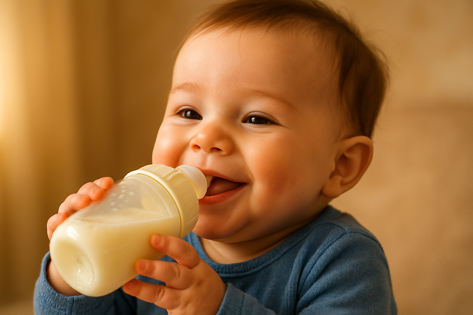 Bébé qui boit un biberon En étant heureuxavec des  un haut bleu 